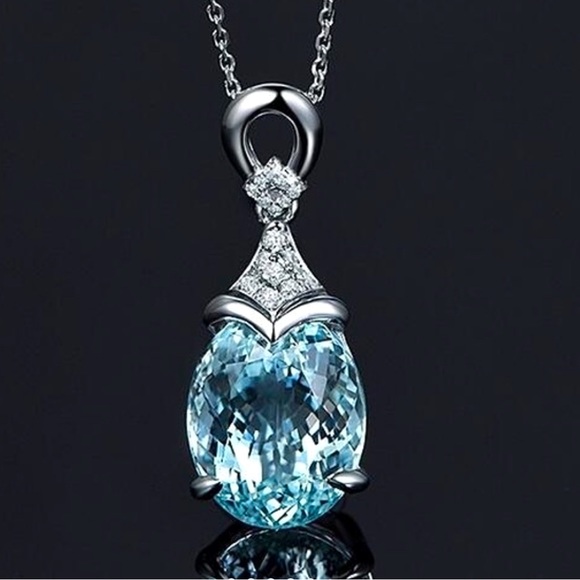 Dazzling Aquamarine 925 Sterling Silver 20” Drop Pendant Women’s Necklace - Picture 1 of 8